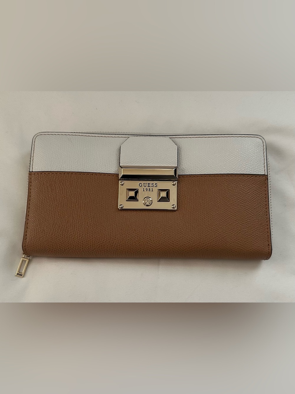 GUESS Colorblock Zip Around Wallet Brown Cream Gold Hardware